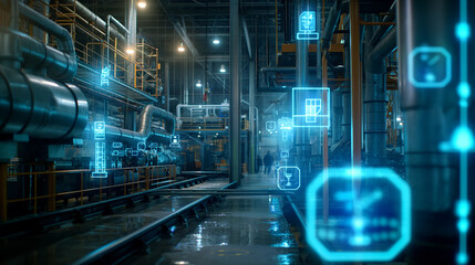 A high-tech factory setting with holographic icons indicating emissions reduction initiatives, air quality sensors, and compliance badges.