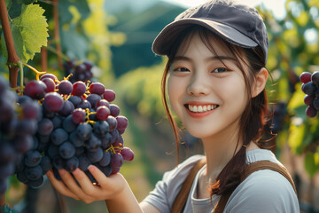 Asian woman holding grapes in hand in vineyard.