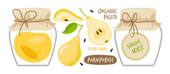 Yellow Pear Jam. Canned pear hand drawn set. Homemade fruit jelly in glass jar isolated. Jar preserved fruits. Flat vector Food template for menu, sticker, logo, detox diet concept, farmers market.