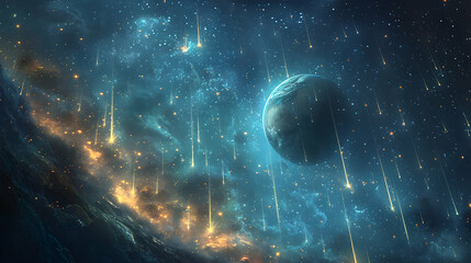  A solar planet with visible meteor showers and a glowing cosmic background