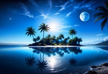 A tropical island with palm trees silhouetted against a large, glowing blue moon in a starry night sky, reflected in the calm ocean waters below