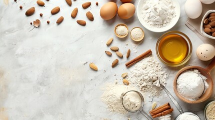 Frame of baking or cooking ingredients and kitchen items for making cakes including utensils flour eggs almonds cinnamon and oil There is text space available seen from above