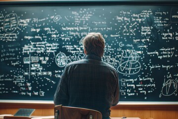 A teacher carefully explains complex mathematical concepts on a classroom blackboard