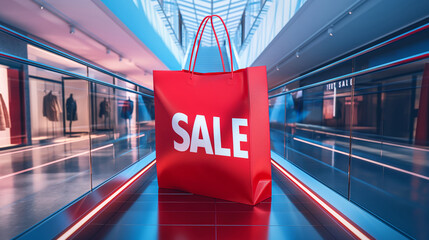 Red shopping bag with word SALE in mall indoors, concept of discount offers, Black Friday banner