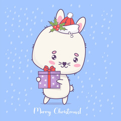 Christmassy cute bunny in Santa hat with gift box. Funny cartoon kawaii animal character. Vector illustration. Festive card Merry Christmas. Kids collection