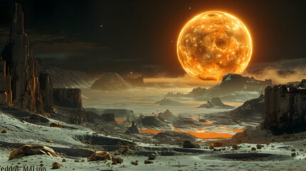  A dystopian solar planet with a surface scarred by massive craters and abandoned mines