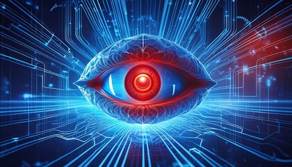 Digital mind concept with glowing red cyborg eye and blue data streams