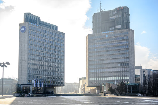 Republic Square Trg Republike Skyscrapers Ljubljanka Banka and Tr3 square designed Edvard Ravnikar