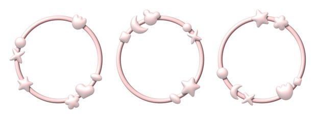 Y2k girly set of round plastic pink frames. Border for design and decor.