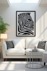 A bright and airy living room with a white sofa, black and white striped cushions, a zebra artwork, and round side table.