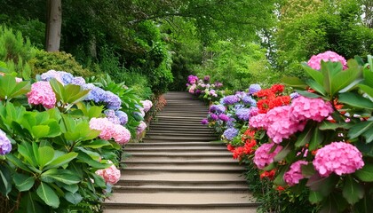 Garden staircase with vibrant flowers and lush foliage