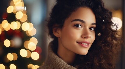 Fototapeta premium Beautiful woman celebrating Christmas at home. Girl in a seasonal winter interior. The concept of holidays.