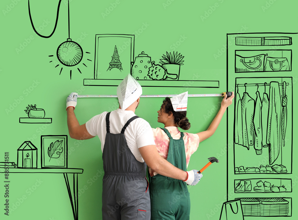 Poster Young couple with measuring tape in drawn interior of their new home