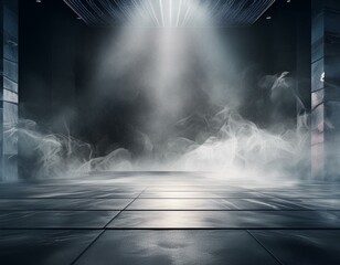 platform abstract stage texture fog spotlight. Dark black floor podium dramatic empty night room table concrete wall scene place display studio smoky dust