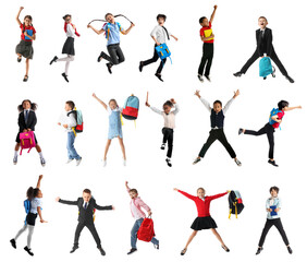 Set of cute jumping schoolchildren on white background