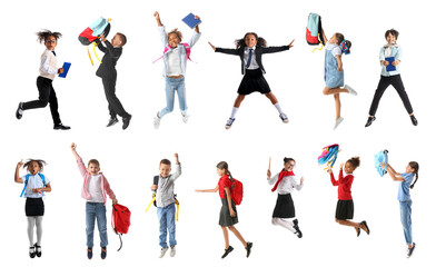 Set of cute jumping schoolchildren on white background