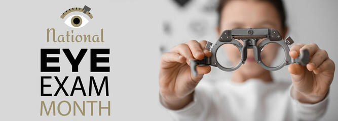Little girl with trial frames in clinic, closeup