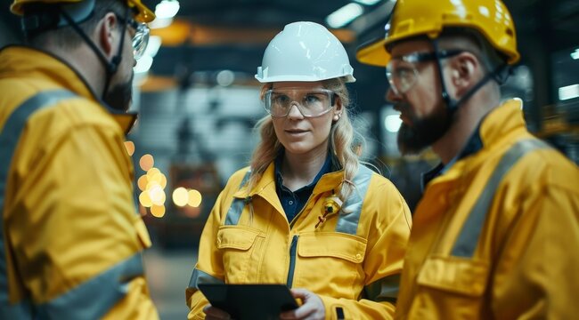 Industrial engineers discussing plans in a factory setting wearing safety gear