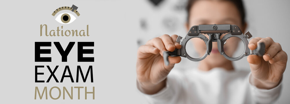 Little girl with trial frames in clinic, closeup