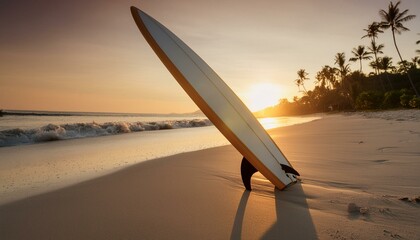 Tropical sunset surfboard on sandy beach