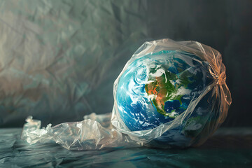 Earth globe in plastic bag on orange background. Environmental pollution and contamination problem concept. Ecology protection, waste reduce