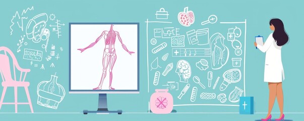 Illustration of a doctor reviewing a human anatomy diagram with medical data overlays