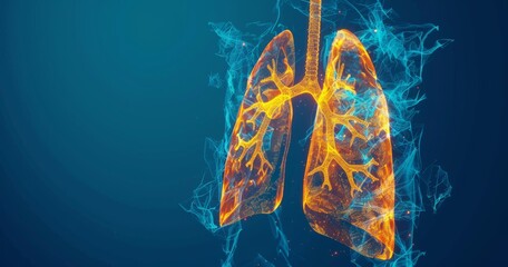 Detailed 3D illustration of human lungs with highlighted anatomy on blue background