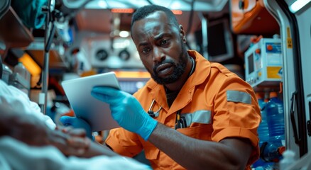 Paramedic examining tablet in ambulance while attending to emergency patient