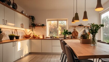 Warm modern kitchen interior with wooden countertop