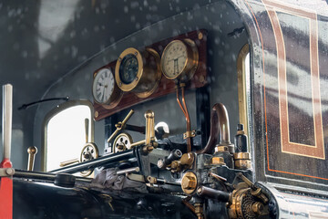 close-up of steam locomotive train controls, the Ffestiniog Railway, Porthmadog, Wales