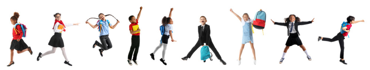 Set of cute jumping schoolchildren on white background