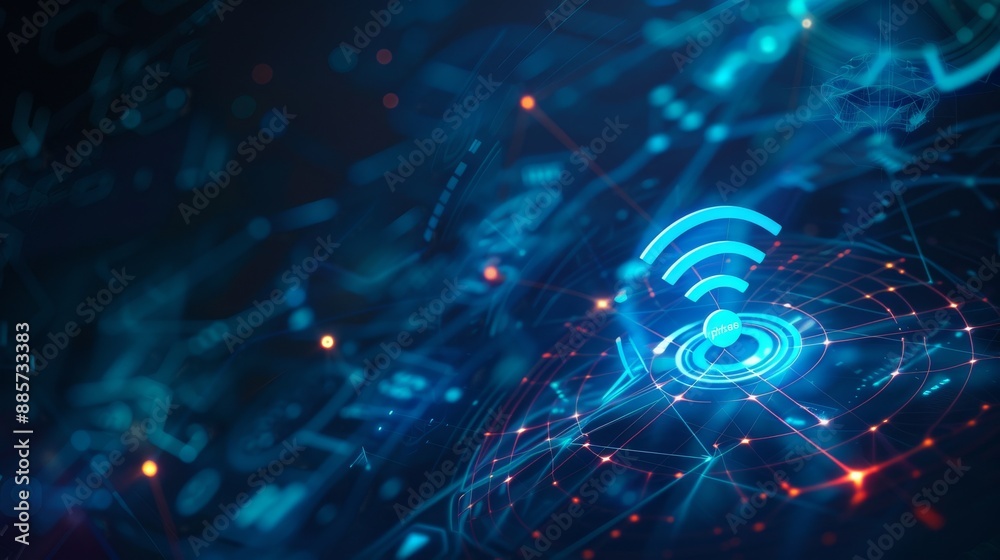 Poster background with abstract data and wifi symbol showing wireless network and connection