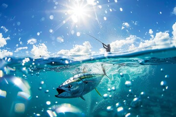 Action shot of a fish leaping out of the ocean, caught on a fishing line, with water splashing under a bright blue sky