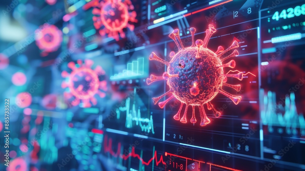 Poster computer screen abstract displaying a virus alert, highlighting the need to address potential cybers