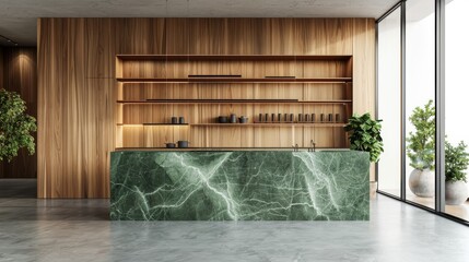 An inviting kitchen with soft green walls and a sleek green marble island. Pendant lights adorned with green accents.
