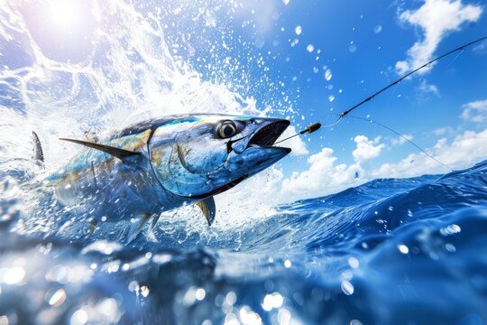 Action shot of a fish leaping out of the ocean, caught on a fishing line, with water splashing under a bright blue sky - Powered by Adobe