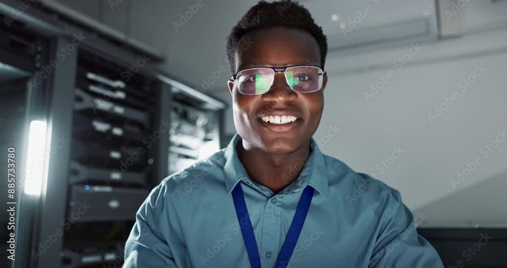 Poster Man, computer and email on technology in server room, reflection and connection in data center. Developer, digital and happy with glasses for online research and networking for software programming
