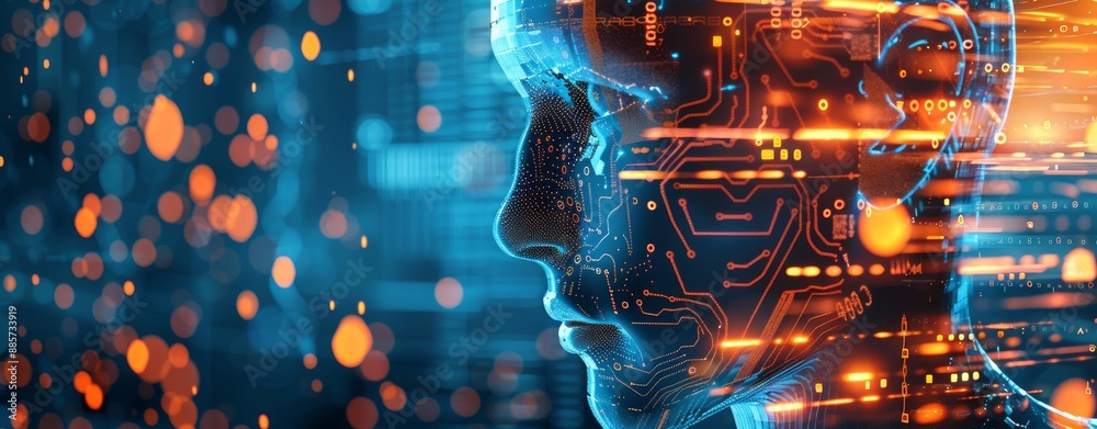 Poster future-oriented ai and automation imagery, illustrating the use of stock and automation in business 