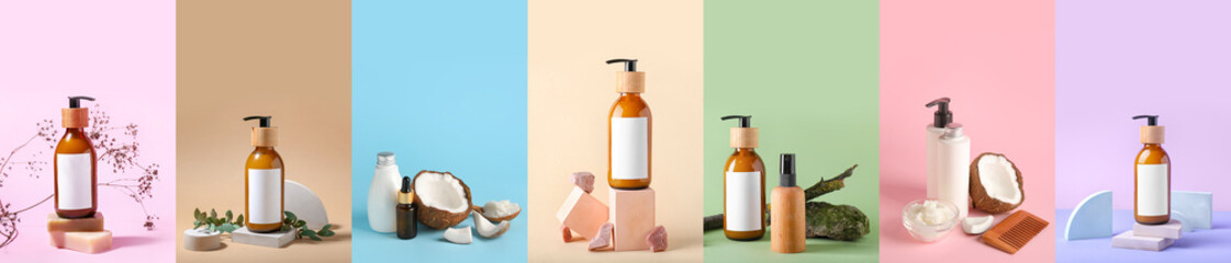 Collage of bottles of cosmetic products on color background