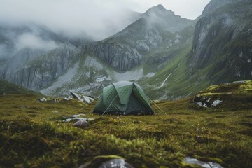 Tranquil and peaceful mountain camping scene with a tent in the wilderness surrounded by nature, mist, and a scenic landscape, offering solitude and an outdoor adventure
