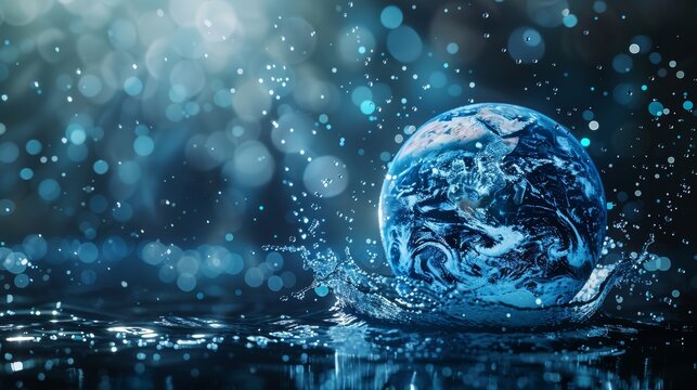 Droplets forming continents on a globe, emphasizing the interconnectedness of water resources worldwide, Global Water Awareness Concept