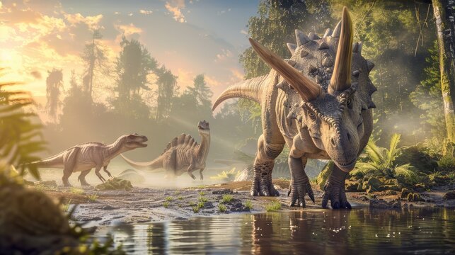 Fototapeta AI-generated majestic dinosaurs in a prehistoric landscape. Triceratops. The concept of time when dinosaurs ruled the Earth.