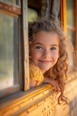 Happy Caucasian girl leaning out the window on a yellow school bus.