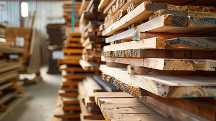 Fototapeta premium Stacked wooden boards in a woodworking industry. Wood harvesting shop, timber for construction.