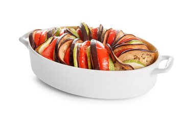 Baking dish of tasty Ratatouille on white background