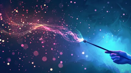 Magic wand, casting light and shadow magic, flat design illustration