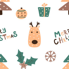 merry christmas seamless pattern white backgroud gift tree deer green brown