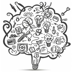 a mind map on paper clipart, brainstorming and learning, handdrawn style, black and white, isolated on white background