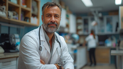 Obraz premium Senior male doctor with a beard in a clinic, representing trust and professionalism in healthcare.