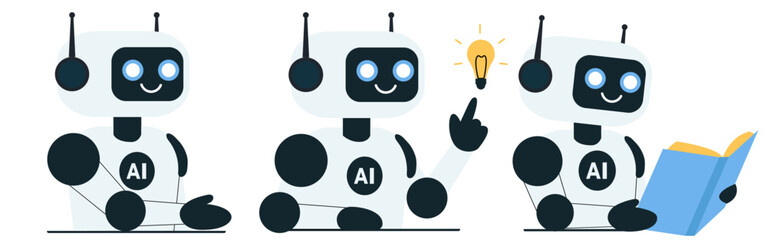 Set of cute AI robot illustrations. Robot pointing to the light bulb and developing an innovative business idea or strategy, reaching out and reading a book. Innovation and science concept. Chatbot